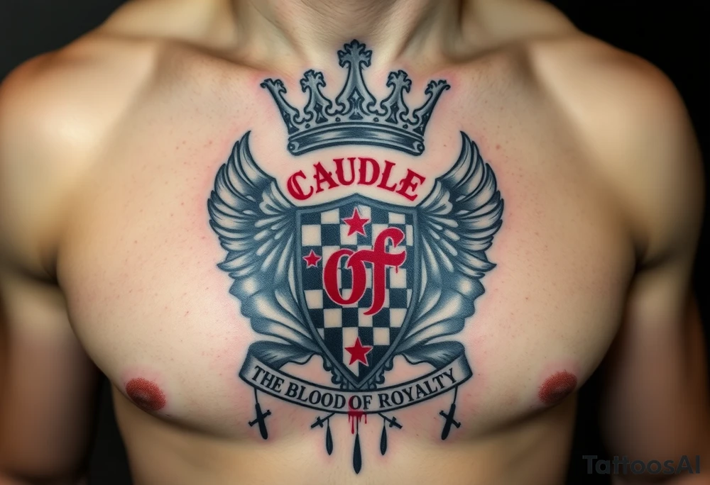 Men Doom Crest  with A Giant King Crown, CAUDLE written inside red, a chessboard, blood splatter on top of two  racing flags & OTF inside, The Words The Blood Of Royalty in red underneath the crest & 🌍 symbol in red outside of the crest, And raining blood drops, Jets/Airplanes/Helicopters/explosives tattoo idea