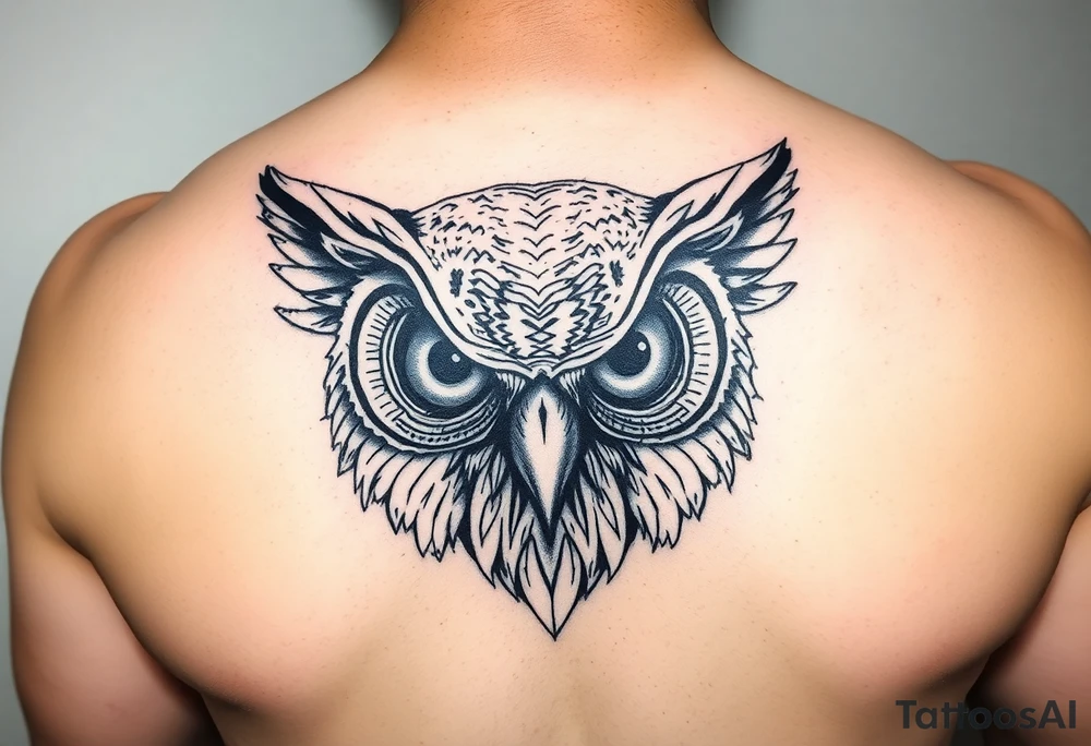 Owl head with large intense tripping on acid eyes tattoo idea