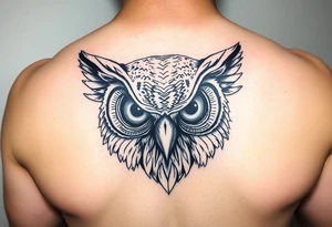 Owl head with large intense tripping on acid eyes tattoo idea