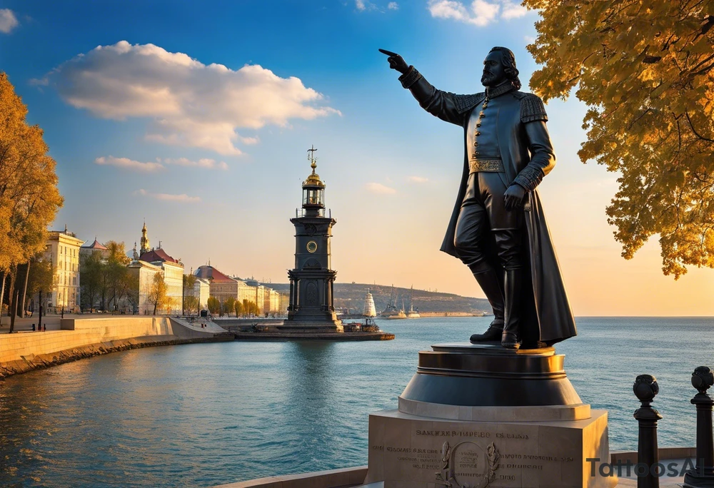 In the foreground stands the majestic figure of Duke de Richelieu, the renowned governor, pointing forward as if commanding the waves of the Black Sea. Surrounding him are symbols of Odesa - a ship's wheel representing the city's maritime heritage, a lighthouse beacon guiding seafarers, and the monumental Potemkin Stairs descending to the port. In the background, the waves of the Black Sea, intrinsic to Odesa's coastal identity, seem to applaud its grandeur. This tattoo embodies the unique spirit of Odesa, its rich history, and inseparable bond with the sea. tattoo idea
