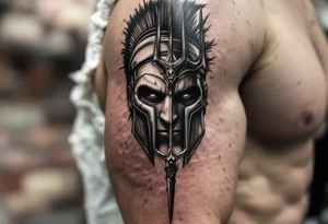 close-up spartan face behind trident tattoo idea