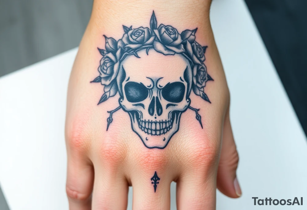 ornate skull adorned with crown of wild roses and thorns tattoo idea