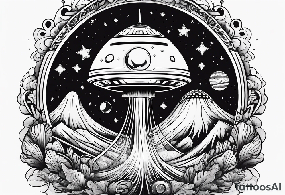 thin rocketship with a psychedelic mushroom top with fire coming out the bottom bursting out of bubble tattoo idea
