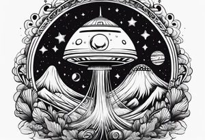 thin rocketship with a psychedelic mushroom top with fire coming out the bottom bursting out of bubble tattoo idea