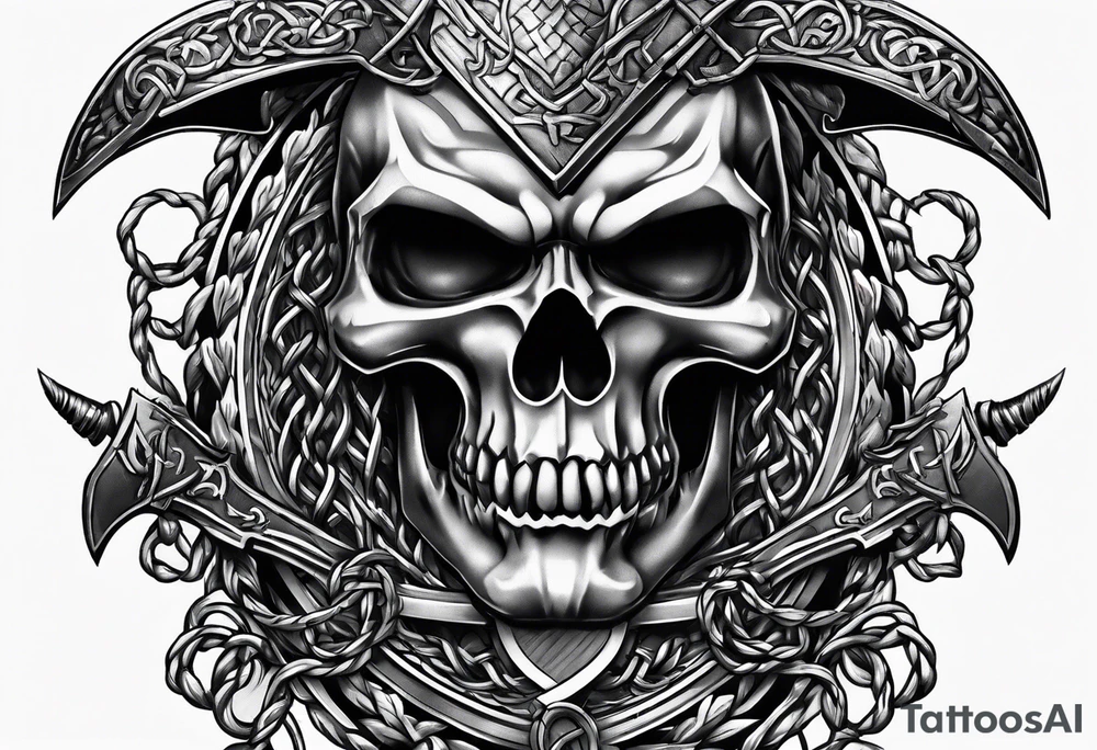 Valhalla sword round shield axe barbed wire chains tattoo idea