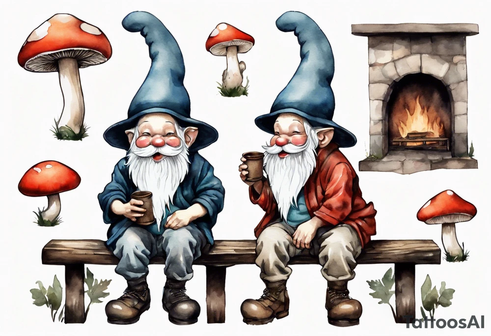 a mushroom gnome
wearing a mushroom hat sitting on a bench by a fireplace drinking from a wood cup, laughing tattoo idea
