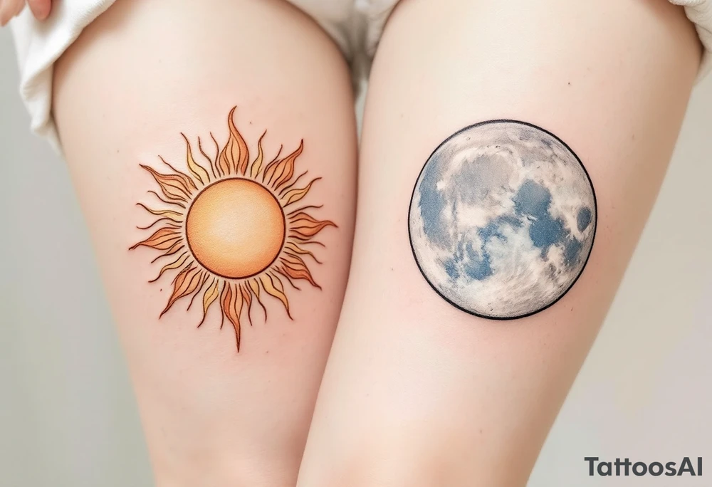 One partner wears a sun in warm orange and gold tones, while the other has a silver moon in pale blues and grays, both facing each other. tattoo idea