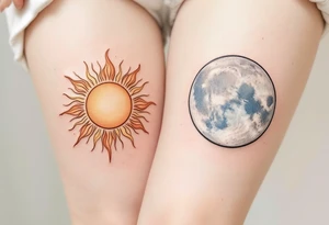 One partner wears a sun in warm orange and gold tones, while the other has a silver moon in pale blues and grays, both facing each other. tattoo idea