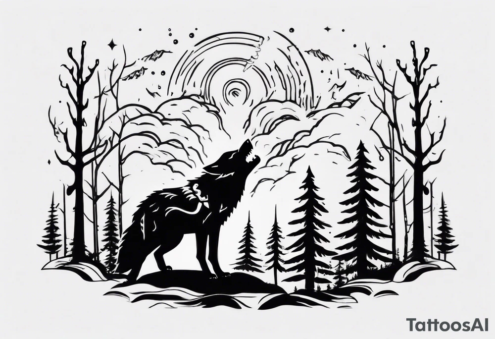 thunderstorm over a forest with a wolf howling on drums tattoo idea thunderstorm over a forest with a wolf howling on drums tattoo idea