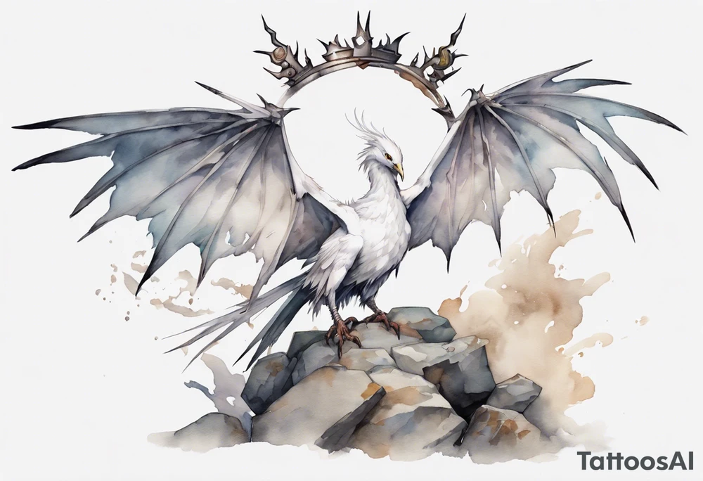 a white bird-wyvern hybrid, wearing a plain iron crown, perched on a stone tattoo idea