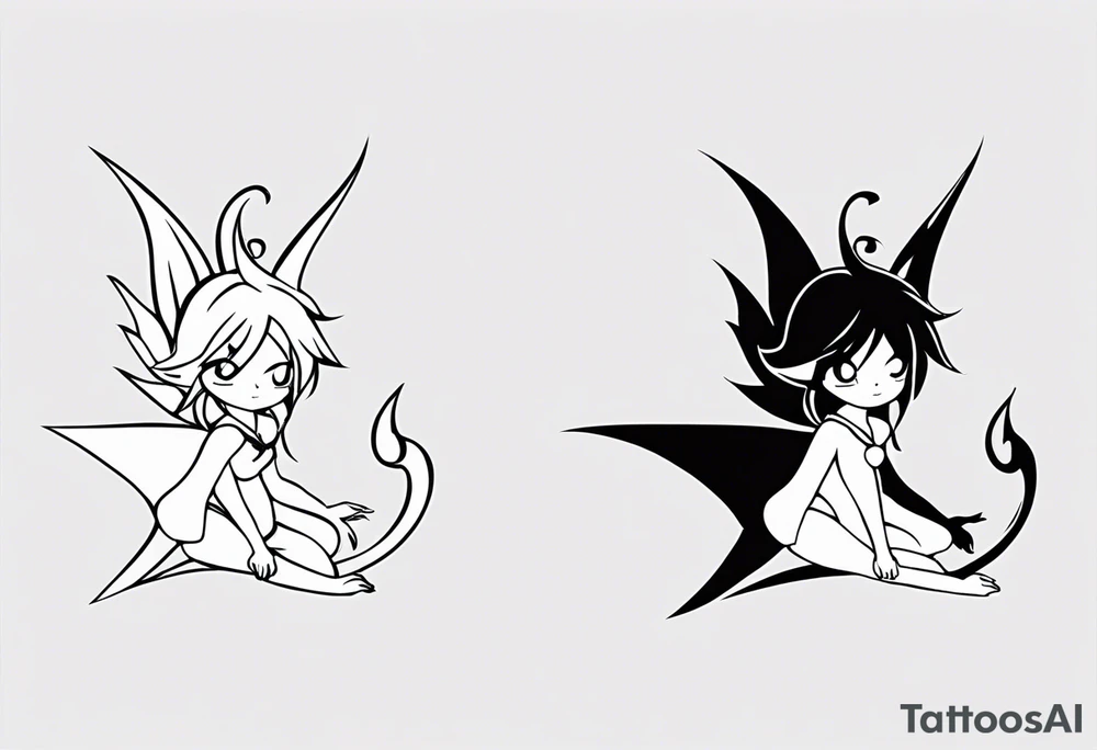 A fairy with a tail inspired by the logo of the show called Fairy Tail in a fetal position leaning in no additional ears or background in black tattoo idea