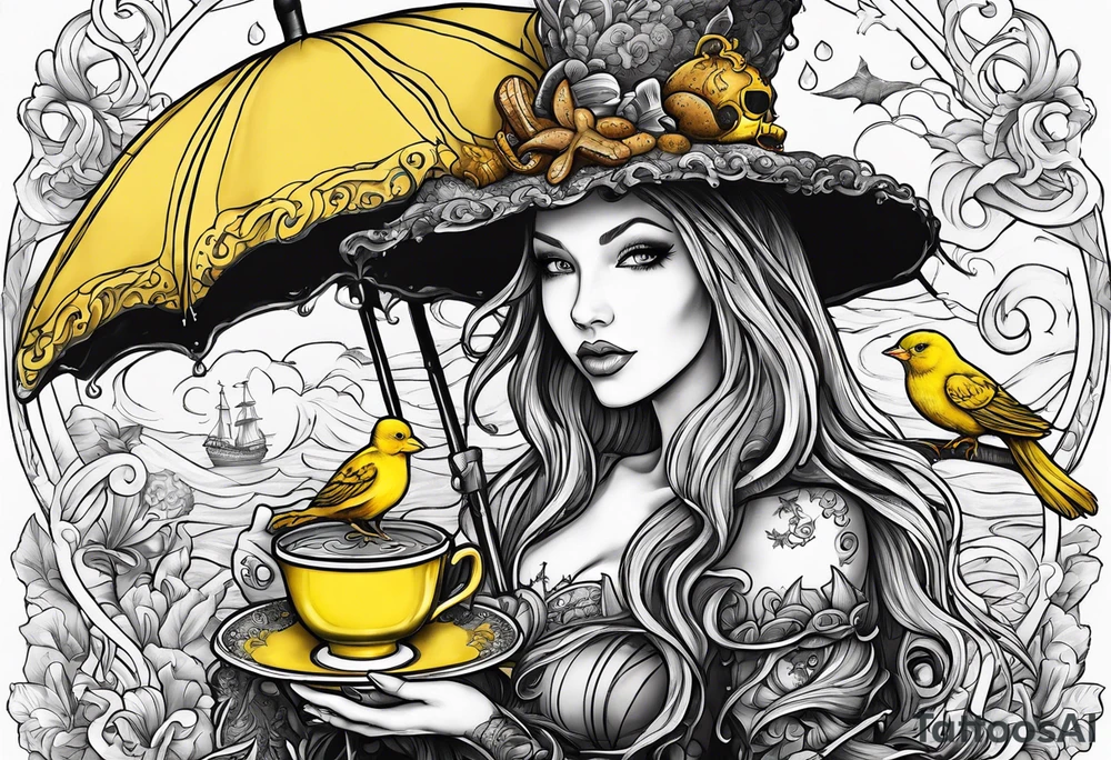 a sea witch with tentacles holding an umbrella and a teacup with a yellow bird chasing a gingerbread boy tattoo idea