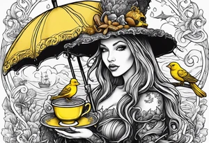 a sea witch with tentacles holding an umbrella and a teacup with a yellow bird chasing a gingerbread boy tattoo idea