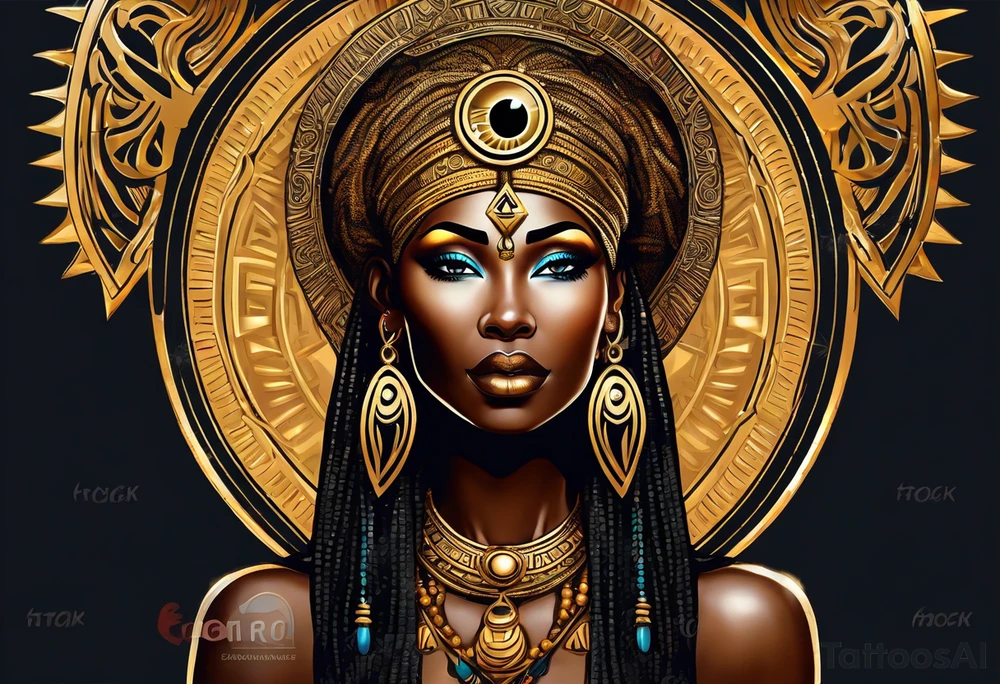 African Goddess wearing the eye of Horus in the center of her forehead and the ankh symbol necklace in gold with the sun on one side behind her and the moon on the opposite side behind her tattoo idea