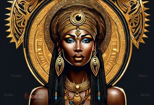 African Goddess wearing the eye of Horus in the center of her forehead and the ankh symbol necklace in gold with the sun on one side behind her and the moon on the opposite side behind her tattoo idea