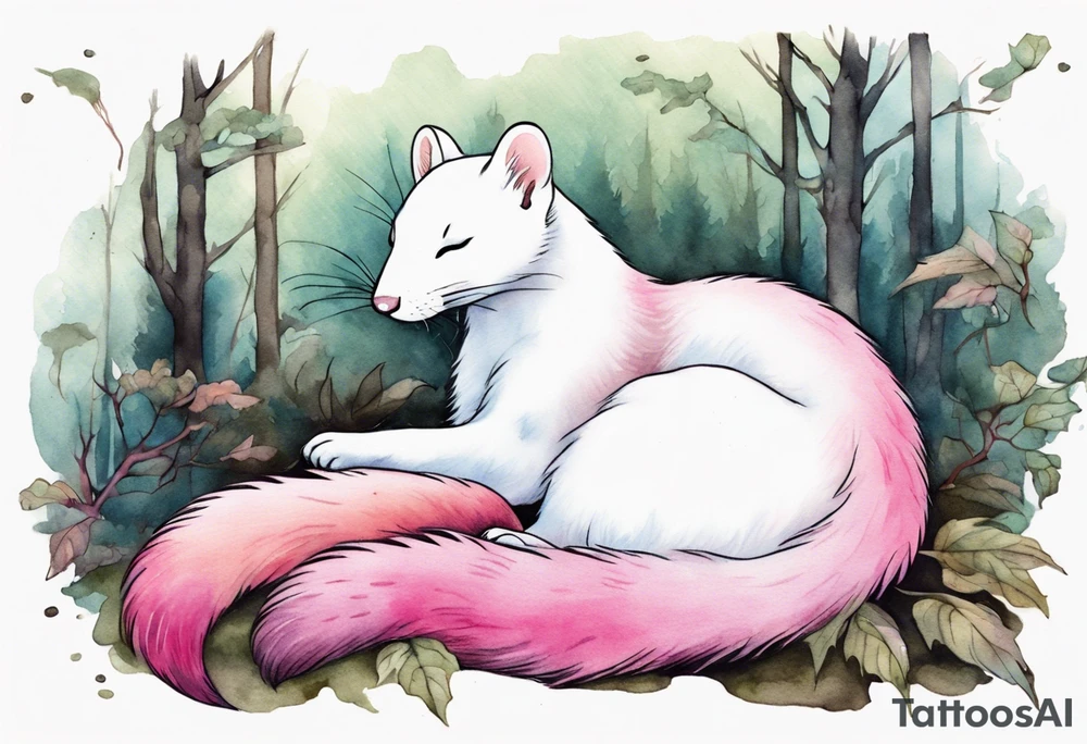 an ermine with pink fur sleeping in the forest tattoo idea