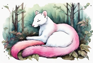 an ermine with pink fur sleeping in the forest tattoo idea