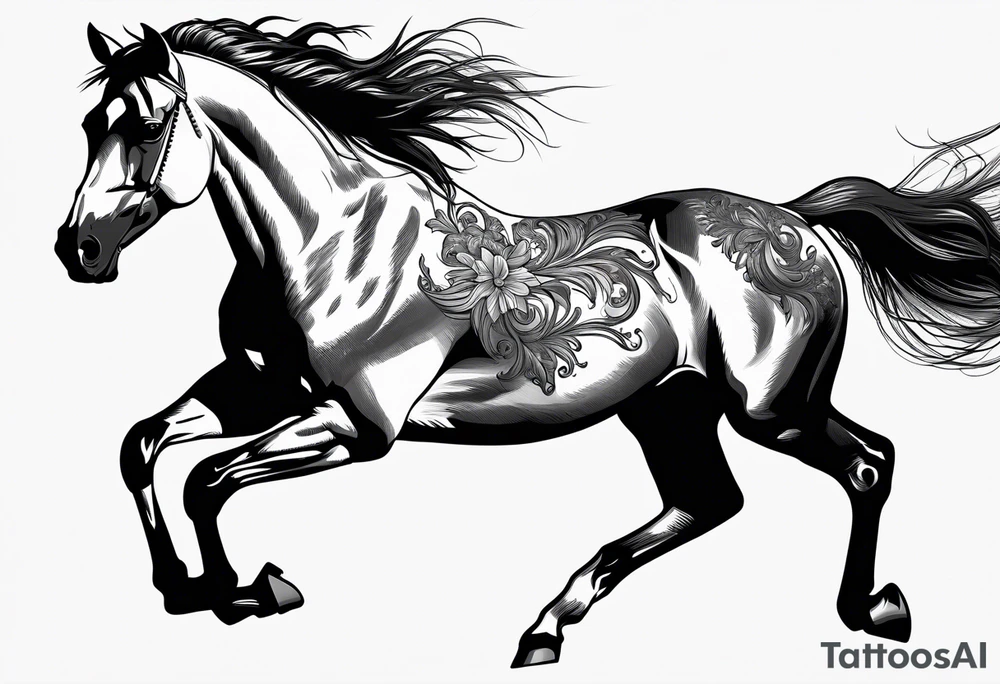 Mustang horse running along blood stomping tattoo idea