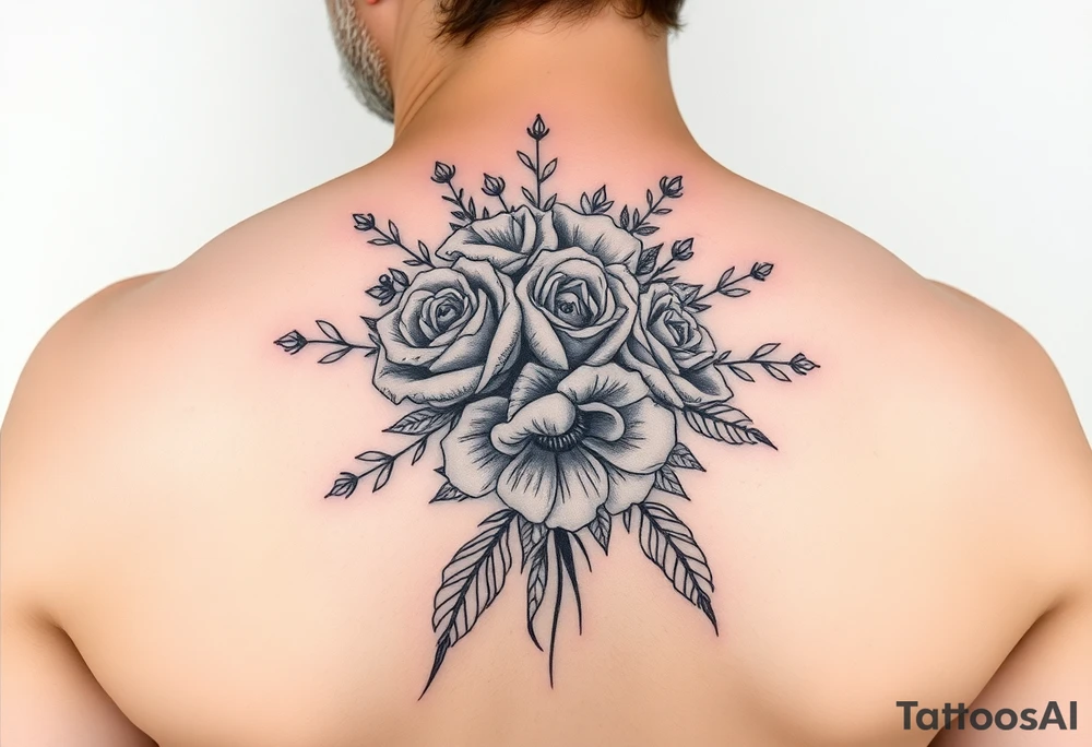 vintage bouquet of wild roses and meadow flowers with morning dew tattoo idea