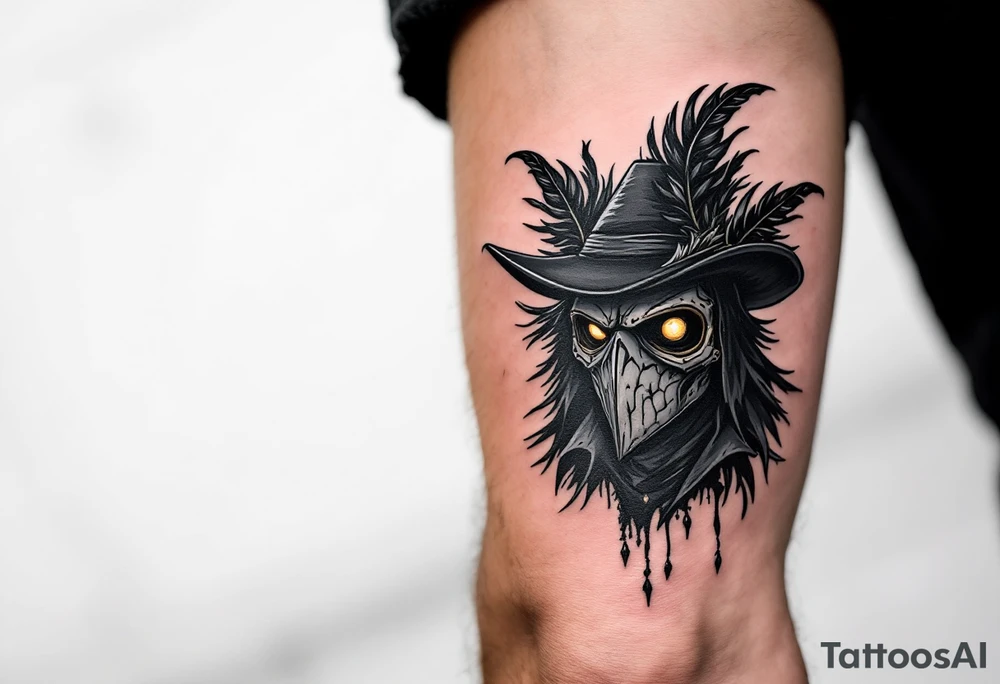 Plague Doctor with Crow Feathers – A mysterious doctor with crow feathers woven into the edges of the hat and cloak. The mask is dark gray with weathered metal detailing, and the eyes reflect dim light from a distant source. tattoo idea