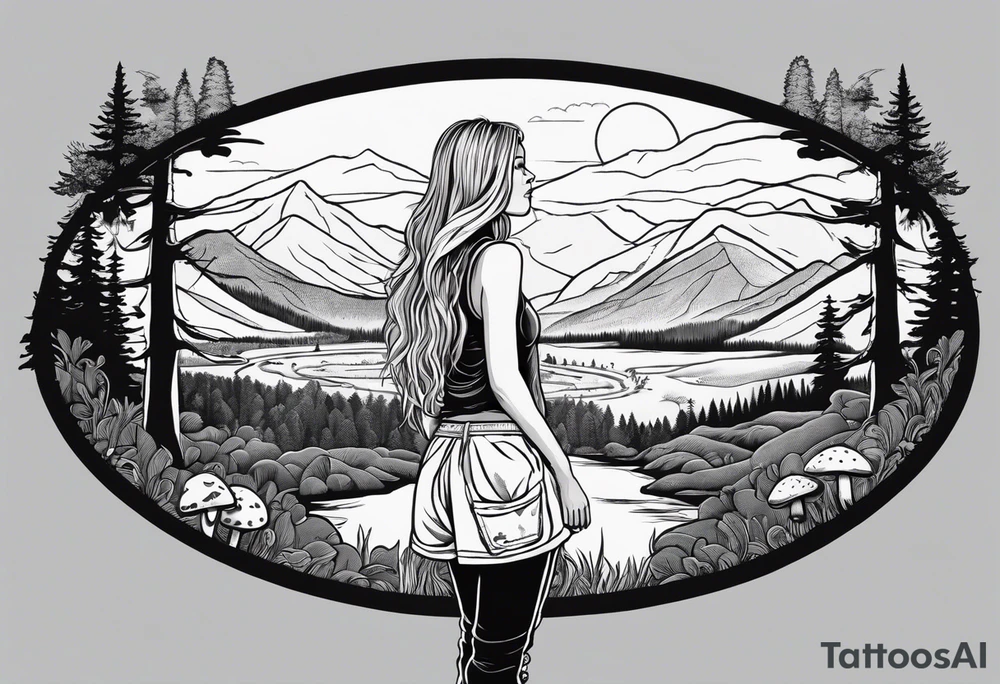 Whole picture encircled fully

Straight long blonde hair hippie girl in distance holding mushrooms in hand facing away toward mountains and creek surrounded by mushrooms tee shirt and hiking pants; whole rendering within a full circle, no cut off circle tattoo idea