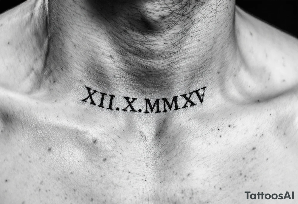 Bold black Roman numerals XII.X.MMXV etched along the collarbone, representing a wedding date in sharp serif font. tattoo idea