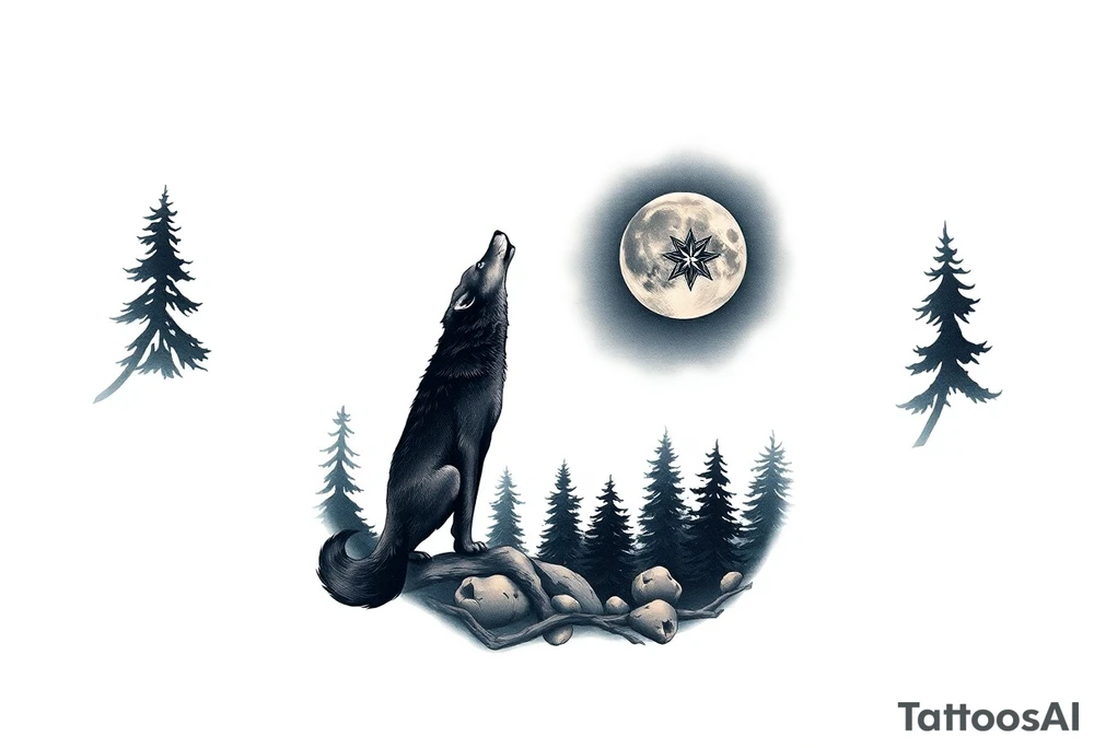 Lone wolf howling at the moon in the forest in the night Columba star tattoo idea