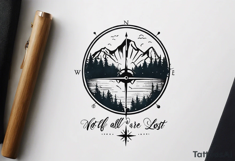 A half sleeve tattoo that features the quote **"Not all who wander are lost"** in elegant script on the outer forearm. Surrounding it are a compass rose and flowing elements like mountains, waves, and trees, symbolizing adventure and nature. Small travel icons like a plane and backpack are interspersed, enhancing the theme of exploration. The design uses a dynamic look that wraps naturally around your forearm. tattoo idea
