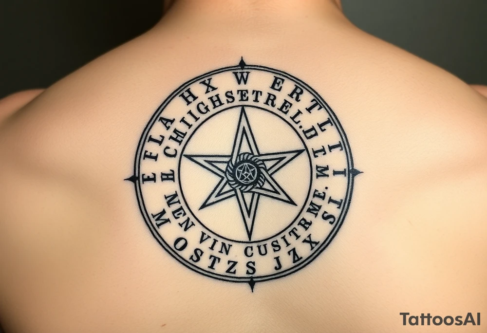 satanic cross and ancient runes with Latin words on back of hand in a circle format tattoo idea