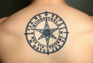 satanic cross and ancient runes with Latin words on back of hand in a circle format tattoo idea