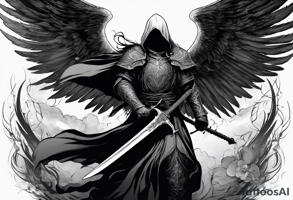 realistic angel of death, man, full body, no face visible, holding one sword, sword pointing downwards, both hands are holding the sword tattoo idea