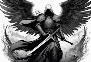 realistic angel of death, man, full body, no face visible, holding one sword, sword pointing downwards, both hands are holding the sword tattoo idea