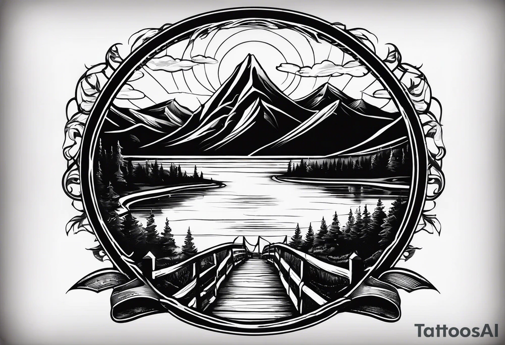 a road that is less traveled with a mountain and lake with the word "Hark" in a banner in a circle tattoo idea