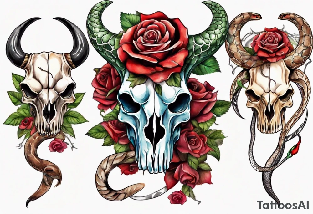 bull skull with a snake with roses tattoo idea