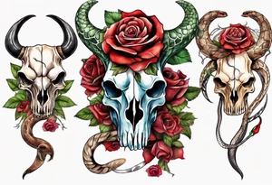 bull skull with a snake with roses tattoo idea