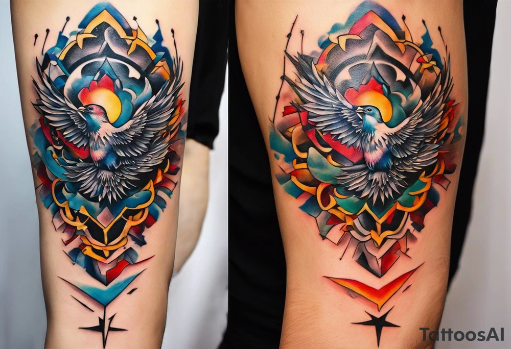 Wide tattoo that appears to be bursting out of the skin, symbolizing freedom. The tattoo should be vibrant and dynamic, with bold lines and colors that evoke a sense of liberation and empowerment. Consider incorporating elements broken chains and other symbols of freedom. The tattoo should be visually striking and thought-provoking. tattoo idea