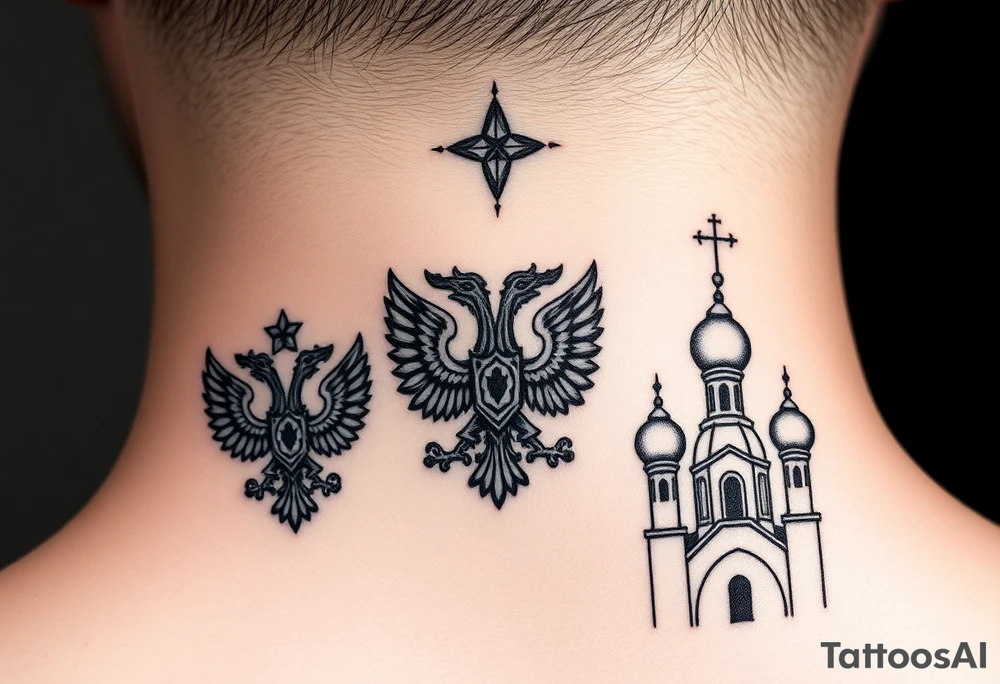 Top: Russian star 
Middle: russian double-headed eagle coat of arms
Bottom: Orthodox church dome with a cross tattoo idea