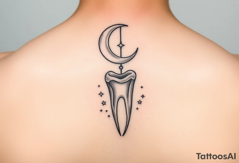 A molar tooth dangling like a pendant from a crescent moon with tiny stars scattered around, soft watercolor pastel style.” tattoo idea
