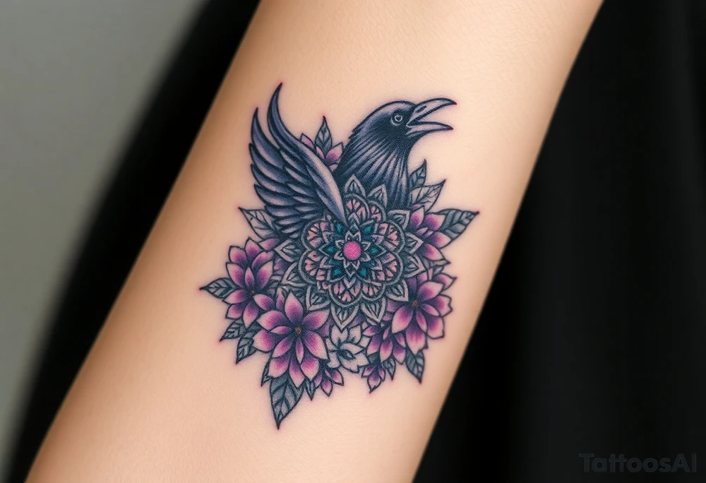 raven mandala and flowers tattoo idea