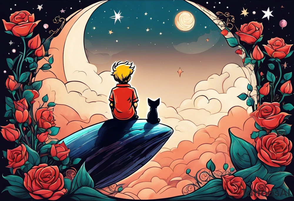 The Little prince sitting on his planet toghether with the fox on his planet besides his rose. Both are watching into the sky tattoo idea