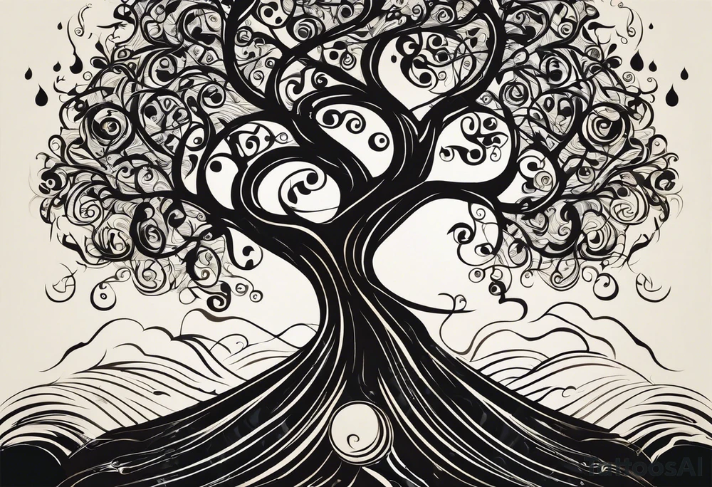 A tattoo design that incorporates the following elements: an abstract tree of life that has roots emerging  from the ground. Waves of water encapsulate the tree and wind around it in an organic way.  Incorporate music.   the letters U and A are overlapping and engraved into the tree. The game of golf incorporated but not prominent. tattoo idea