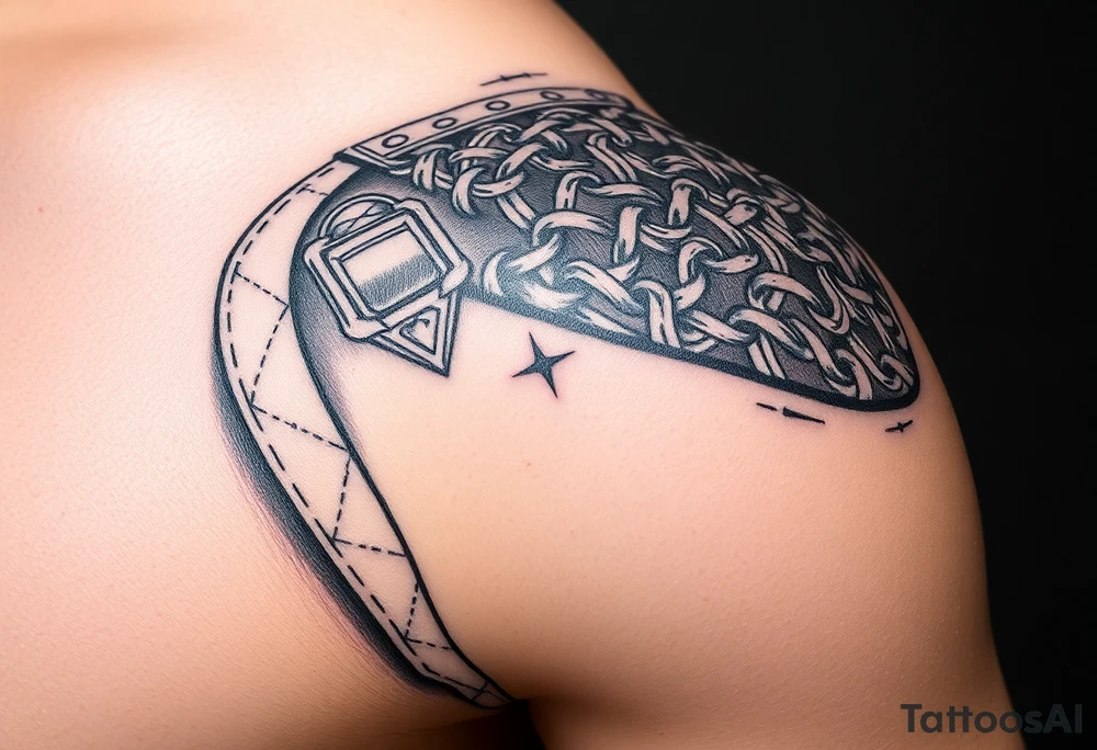 Huge shoulder tattoo of chainmail and plate armor tattoo idea