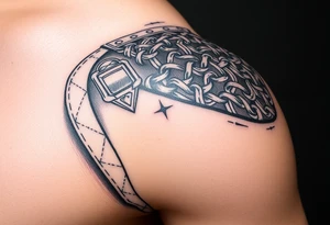 Huge shoulder tattoo of chainmail and plate armor tattoo idea
