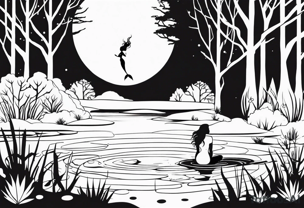 Mermaid silhouette in a swamp with trees and music. tattoo idea