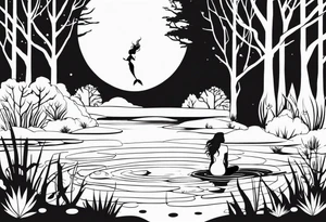 Mermaid silhouette in a swamp with trees and music. tattoo idea