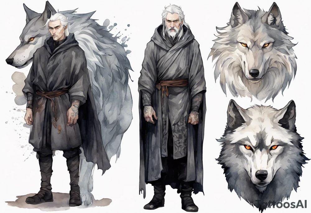 a gaunt medieval man with white hair, grey eyes, and a black cloak standing beside a massive grey wolf tattoo idea