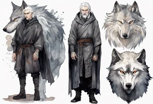 a gaunt medieval man with white hair, grey eyes, and a black cloak standing beside a massive grey wolf tattoo idea