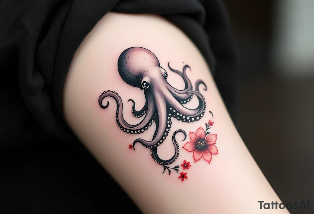 A small realistic black and grey tattoo of an octopus, cute, with detailed shading and soft linework, showing the octopus with swirling tentacles, on light skin. ornamental flowers around with red ink. The style is minimalistic and elegant, resembling fine-line tattoo with a shadow tattoo idea