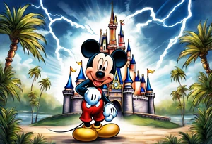 mickey mouse holding lightning with palm trees doing martial arts at the disney castle tattoo idea