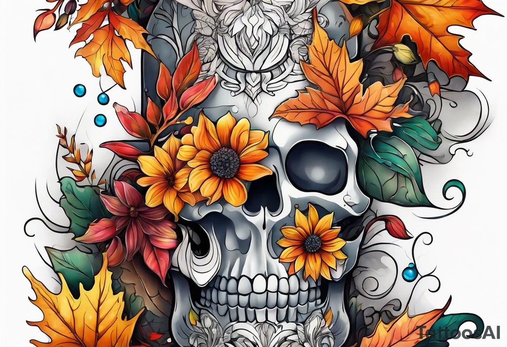Full arm sleeve with fall colors, flowers, water, leaves and various shapes tattoo idea
